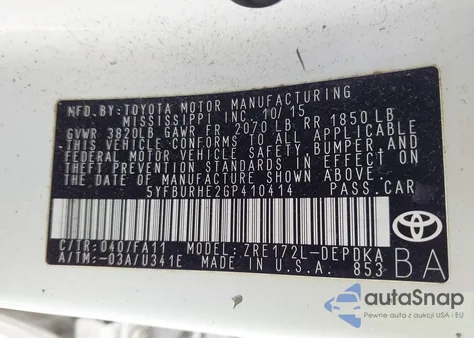 2016 Toyota Corolla L from USA, damaged, VIN 5YFBURHE2GP410414